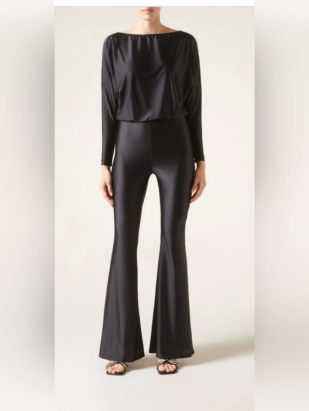CALZEDONIA Super Shiny Black Flare Jumpsuit